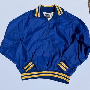 Bold Blue and Yellow Bomber Jacket with Athletic Stripes